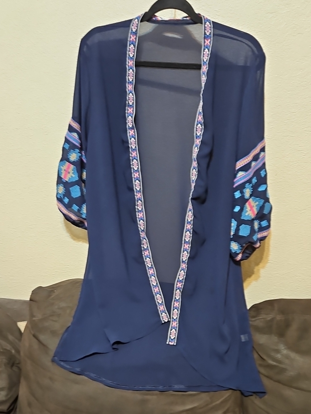 Navy Embroidered Open-Front Women's Cardigan